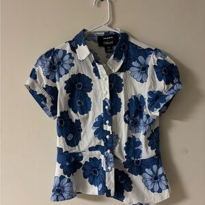 ModCloth x Collectif Blue Floral Button Front Peplum Blouse Size US 6 Retro